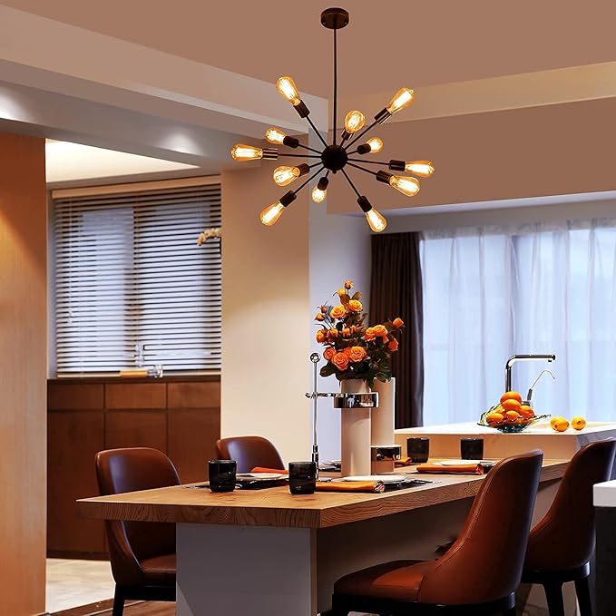 Sputnik Chandeliers Black, Modern 12-Light Farmhouse Pendant Light Mid Century Lighting Vintage Industrial Ceiling Hanging for Living Dining Room, Bedroom, Kitchen Island, Foyer