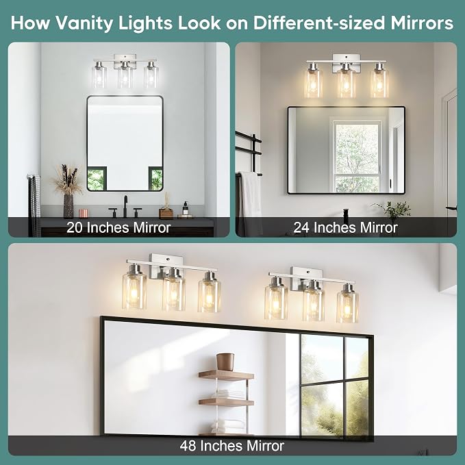 Ascher Bathroom Light Fixtures, 3-Light Vanity Light Over Mirror, Brushed Nickel Wall Sconces with Clear Glass Shades, Wall Lamp for Living Room Bedroom, E26 Base(Bulbs Not Included)