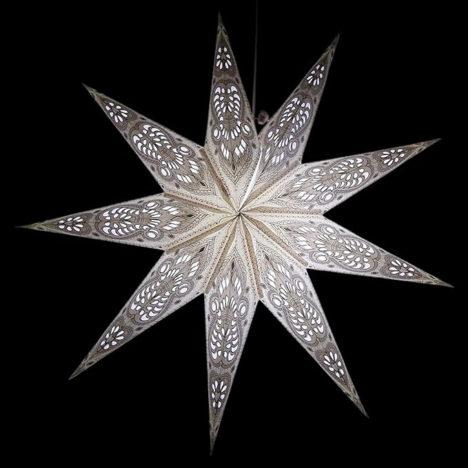 Lantern Lampshade 9 Pointed Paper Star Light Shades Large 60cm Star Hanging Decorations for Christmas Wedding Home Decoration Birthday Party (White Grey)