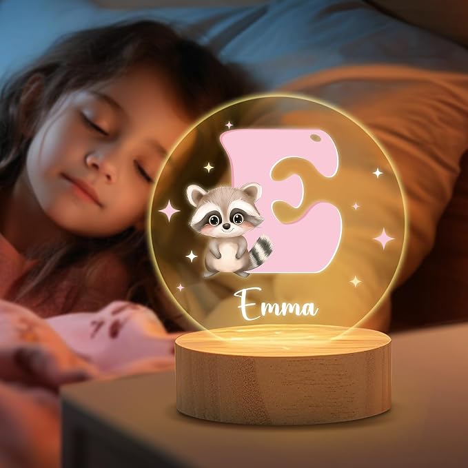 Personalized Cute Cartoon Animals Night Light, Custom Name and Initial Led Light with Wooden Base Nursery Decor Gift for Kids