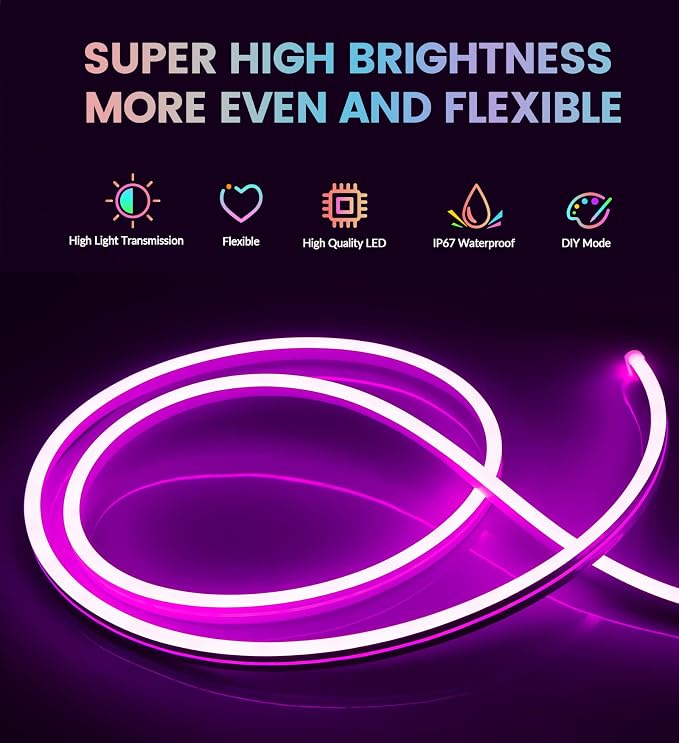 KJOY LED Strip Neon Flexible Rope Light, 11FT/3.5M RGB Neon Rope Lights with App & Remote Control, 12V Cuttable Silicone DIY Creative Rope Lighting Flex Rope for Bedroom Dormitory Kids Room Decor