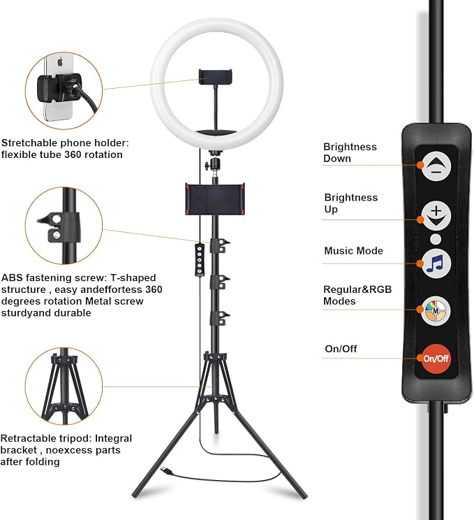 12" Selfie Ring Light with 75" Tripod Stand & 2 Phone Holder, LED Camera Ringlight with 48 RGB Colors Modes & Musical Rhythm Mode and 12 Brightness Dimmable for TikTok/Makeup/Photography/Vlog