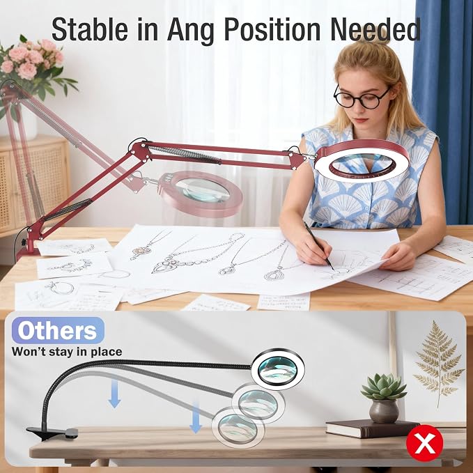 10X Magnifying Glass with Light and Clamp, Real Glass Stand Lighted Magnifier, 2*16 Arm 5 Color Modes Stepless Dimmable LED Desk Lamp Hands Free for Craft Hobby Reading Painting Close Work Large RED