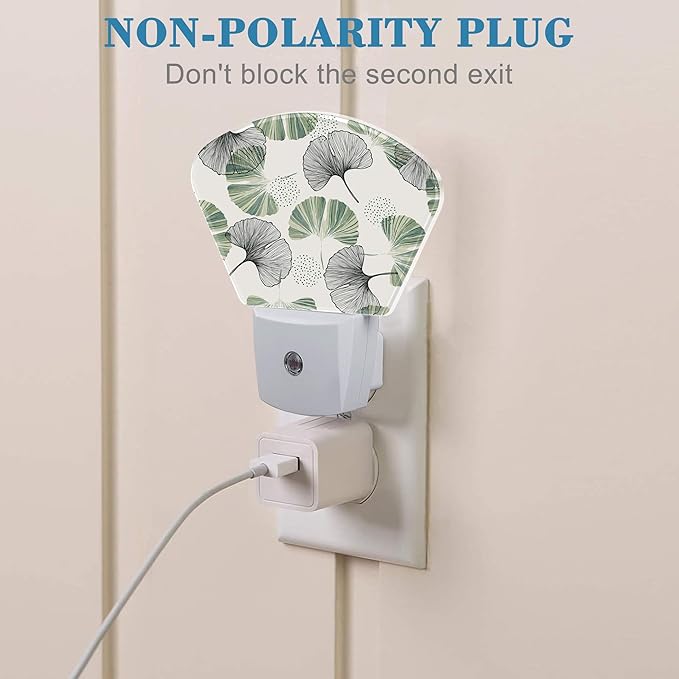 Elegant Ginkgo Leaves Night Light Plug into Wall, Green Ginkgo Night Light with Dusk to Dawn Sensor for Kid Girls Boys Women Men Bedroom, Hallway, Kitchen, Bathroom, Stairs Decor