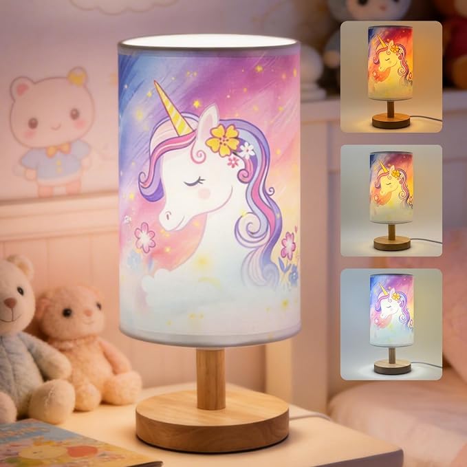 Unicorn Lamp,Unicorn Gifts for Girl,Kids Table Lamp for Bedroom Girls Bedside Lamps,3 Colors Dimmable LED Nightstand Night Light with Flaxen Fabric Shade Desk Lamp for Boys Girls Room Nurser Decor