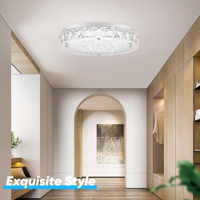 Crystal Flush Mount Ceiling Light, LED Chandeliers Light Fixture 19-Inch, 5000K Daylight White Super Bright 5000LM Dimmable Farmhouse Kitchen Lighting Modern Ceiling Lamp for Bedroom Bathroom Nursery