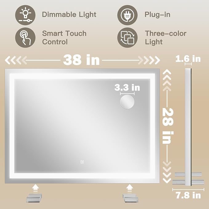 ROLOVE 38"x28" Inch Large Lighted Vanity Mirror, 3-Color Lighting & Dimmable Modes, LED Makeup Mirror for Bathroom/Dressing Room (Wall/Tabletop Mount, White)