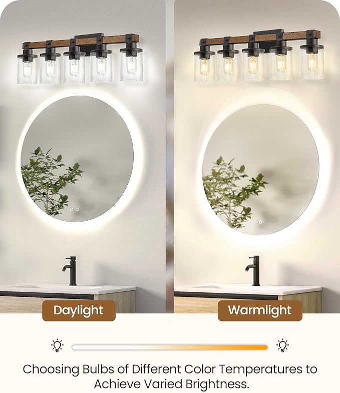 5-Light Bathroom Light Fixture, Farmhouse Vanity Lights for Bathroom with Glass Shade, Rustic Bathroom Light Fixtures, E26 Base F10BD05W1