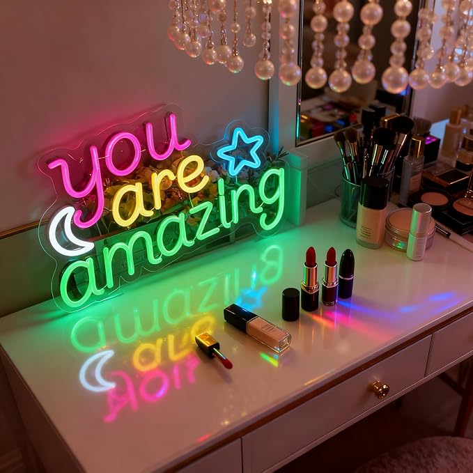 You Are Amazing Neon Sign - Pink/Yellow/Green Moon & Stars Wall Decor | 15.7"x9.8" Bedroom Light with Dimmer, 6.5ftUSB Powered, Hanging Chian Included