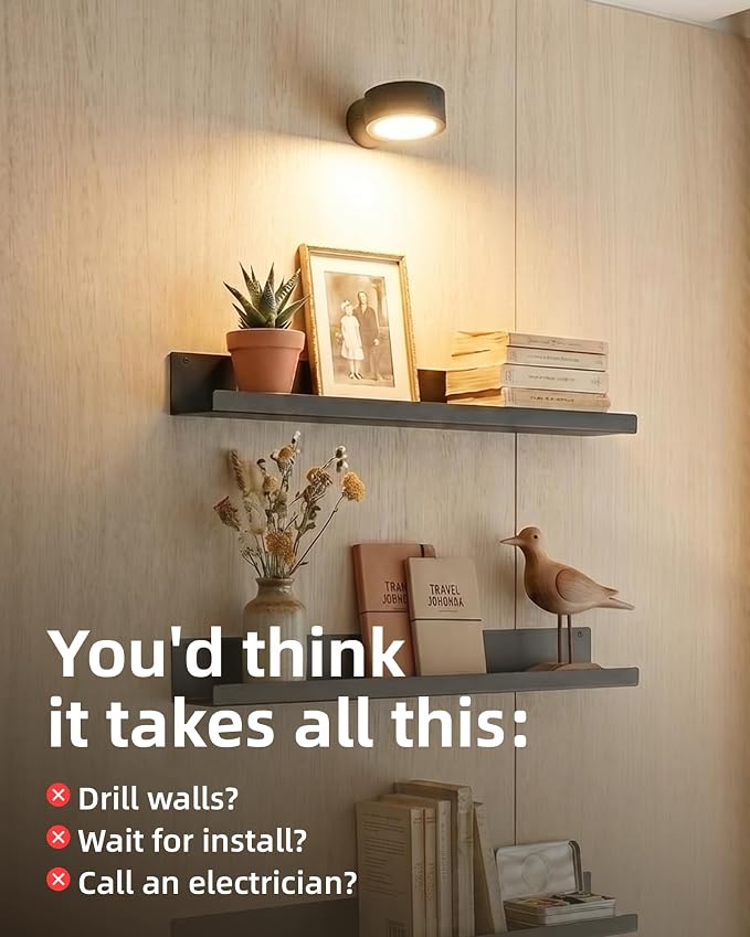 EZVALO LED Wall Mounted Light, 3000mAh Rechargeable Cordless Wall Sconce, Dimmable with Remote & Touch Control, 3 Color Temps, 360° Rotatable for Bedroom, Bedside (Black, 2 Pack)