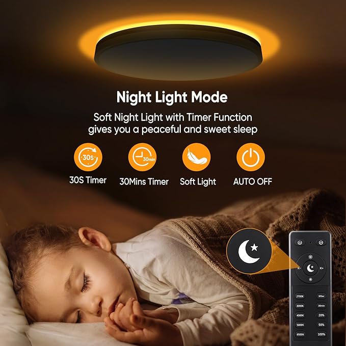 15 Inch Flush Mount Ceiling Light with Remote Control & Night Light, 5CCT Dimmable Ceiling Light Fixture, 35W 3500LM 2700K-6500K Adjustable LED Ceiling Lights for Bedroom Kitchen Living Room