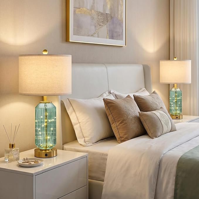 24.5" Bedside Table Lamps Set of 2, Green Glass Nightstand Lamps with USB A+C Charging Ports and Night Light, Gold Modern Lamps for Bedroom, Living Room, End Table (2 Bulbs Included)