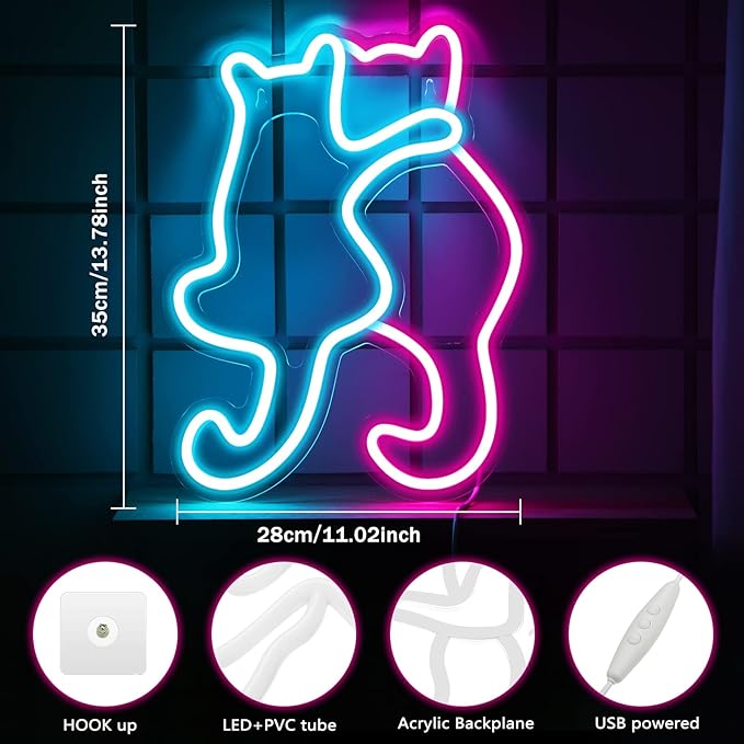 Kathfly Cat Neon Signs LED Neon Light Sign Lights Decor Animal USB Operated Decorative for Wall Art Decor Party Wedding Birthday Kids Girls Room Party Bar Background Decoration(Cute Cat)