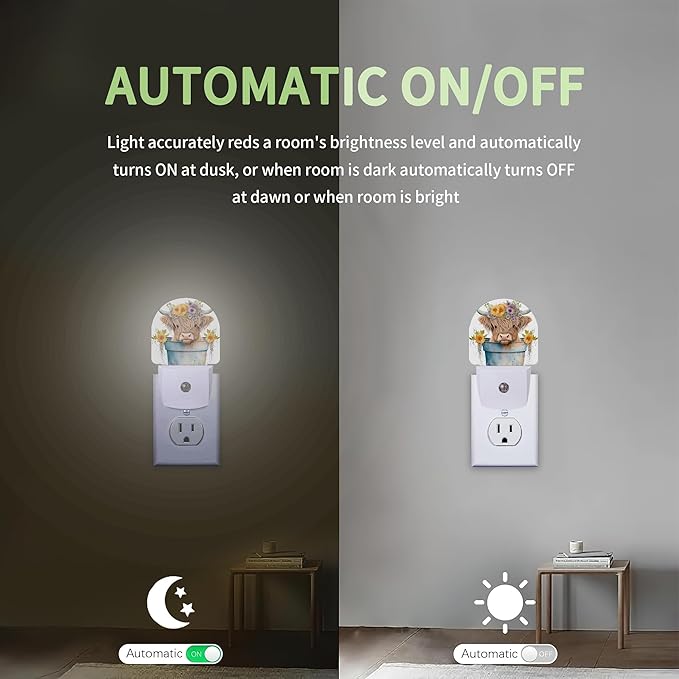 Highland Cow Night Light, Cute Nightlight Plug into Wall with Dusk to Dawn Sensor, LED Lamp Energy Saving Lights for Boys Girls,Lamp for Bedroom Bathroom Hallway