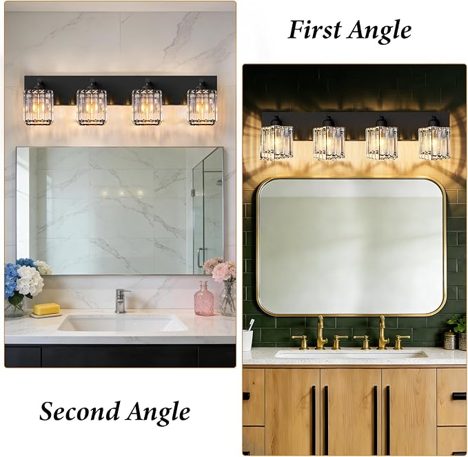 Black Crystal Bathroom Vanity Light, 4-Light Modern Bathroom Lighting Fixtures Over Mirror, Matte Black Wall Sconce Light Fixtures with Square Shade