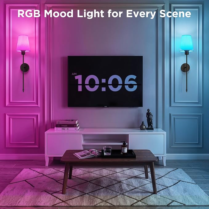 Brightown Battery Operated Wall Sconces Set of 2,Black Sconces Wall Decor | RGBWW Rechargeable Wall Lights with Dimmable Magnetic Bulbs & Remote, Wireless Wall Lamp for Living Room Bedroom Hallway