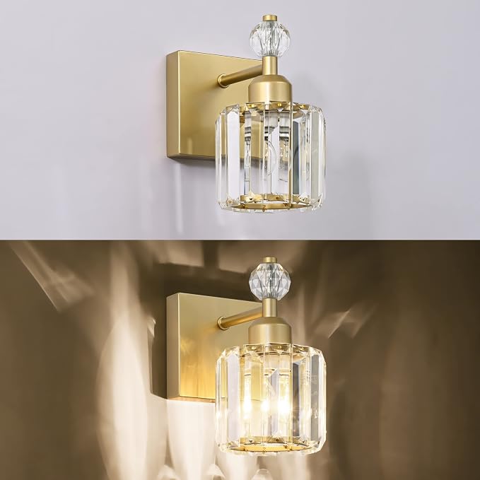 PRESDE Single Crystal Wall Sconce, Modern Gold Vanity Light Fixture, 1-Light Wall Lamp for Bathroom Bedroom Hallway