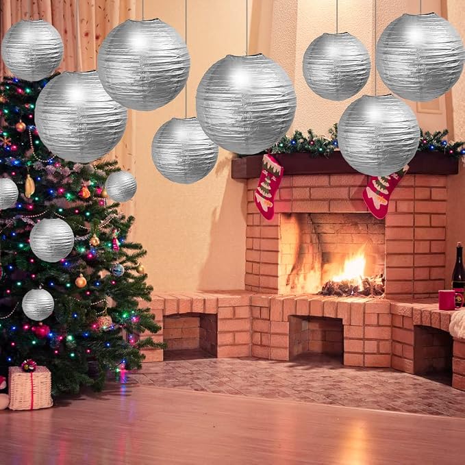 Silver Paper Lanterns 12 Pcs Assorted Size of 6" 8" 10" 12" Chinese Round Paper Hanging Decorations Ball Lanterns Lamps for Home Decorations, Parties, and Weddings