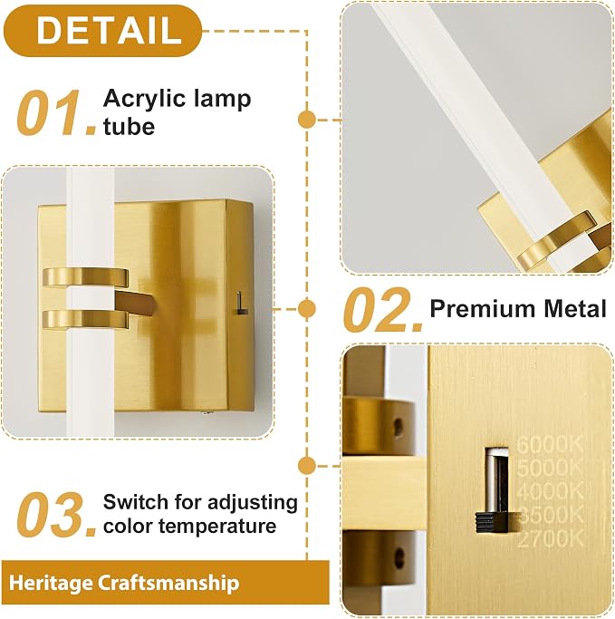 Gold Bathroom Light Fixture LED Vanity Light 45.3" 5CCT Wall Sconce | LED Dimmable Wall Light Modern 360° Lighting, 42W Hardwired Vanity Light for Bathroom Mirror, Flicker-Free Easy Install