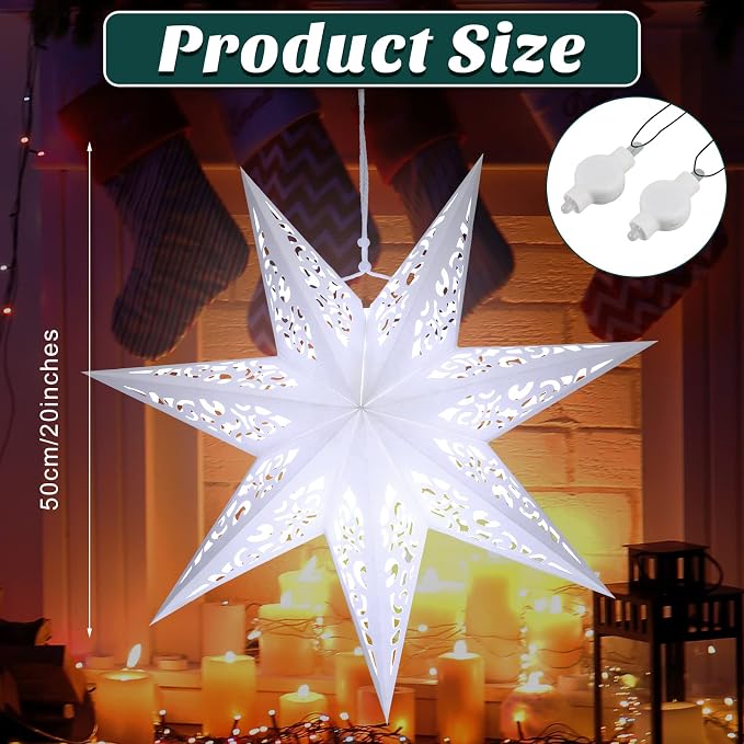 Kingdder 20 in Christmas Paper Star Lanterns Lampshade with White LED Light 7 Pointed Moroccan Hollow out Stars Hanging Party Decoration for Weddings Christmas Tree Birthday