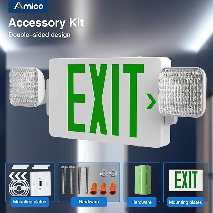 Amico 1 Pack Green Double-Sided Exit Sign with Emergency Lights, Two LED Adjustable Head with Battery Backup, ETL Certified, AC 120/277V, Commercial Emergency Lights Combo for Business
