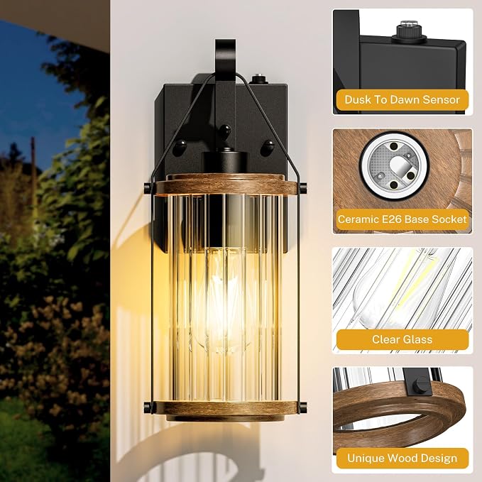 Dusk to Dawn Outdoor Light, Front Porch Light Waterproof Exterior Lighting Fixtures Wood Effect Glass Modern Outside Light for House, Patio, Yard, Garage Black 1 Pack