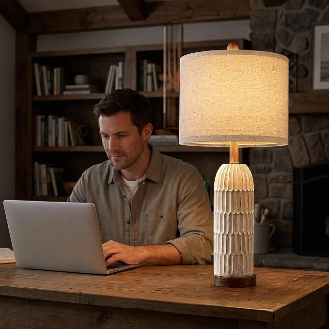 26.5" Bedside Table Lamps Set of 2, Farmhouse Table Lamp with USB A+C Charging Ports,Vintage Nightstand Lamp for Bedrooms and Living Rooms, Retro Resin End Table Lamp with Linen Shade, Brown