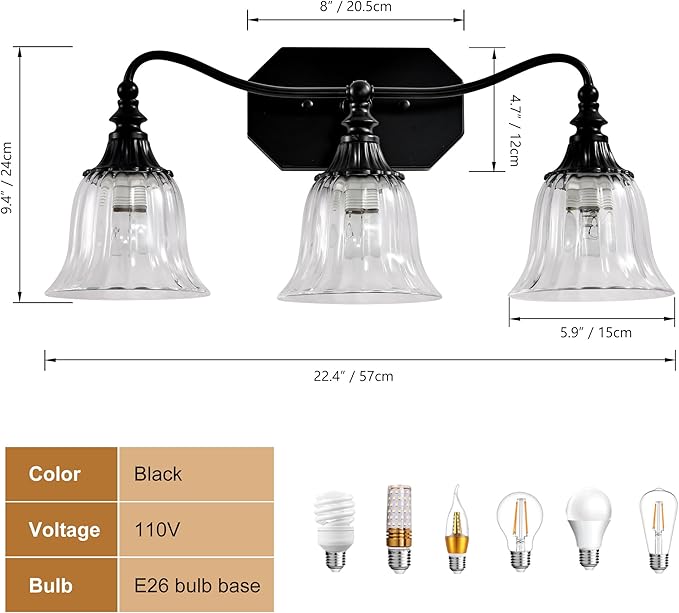 Bathroom Vanity Black Vintage Light Fixture, 3 Lights Bathroom Lighting Matte Antique Brass Finish with Crystal Glass Shade, Black Vintage Vanity Light for Bathrooms