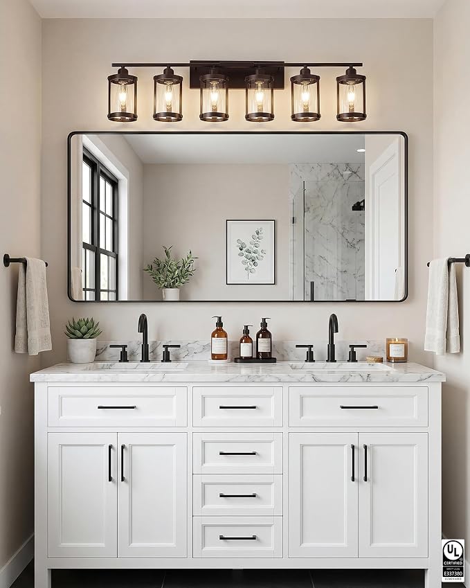 6-Light Oil Rubbed Bronze Bathroom Light Fixtures, 42 Inch Modern Bathroom Vanity Lighting Fixtures Over Mirror with Clear Glass and Metal Cage Wall Sconce Lights for Bath, OS-3014ORB-6W