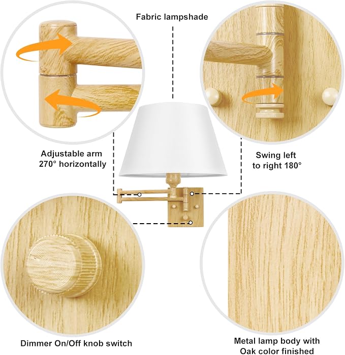 TRLIFE Dimmable Wall Sconce Plug in, Wall Sconces Set of 2 Swing Arm Wall Lights with Plug in Cord and Dimmer On/Off Knob Switch, 11.8" Large White Fabric Shade(2 LED Bulbs Included, Oak Color)