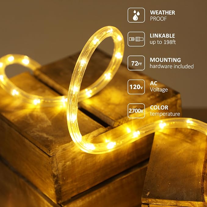 LED Light Rope, 72ft Waterproof Flexible Strip Lights, Indoor/ Outdoor, Connectable 2700K Warm White Landscape Tube Lighting for Bedroom, Home Decor, Garden, Patio, Porch, Yard, Deck, Party Holiday