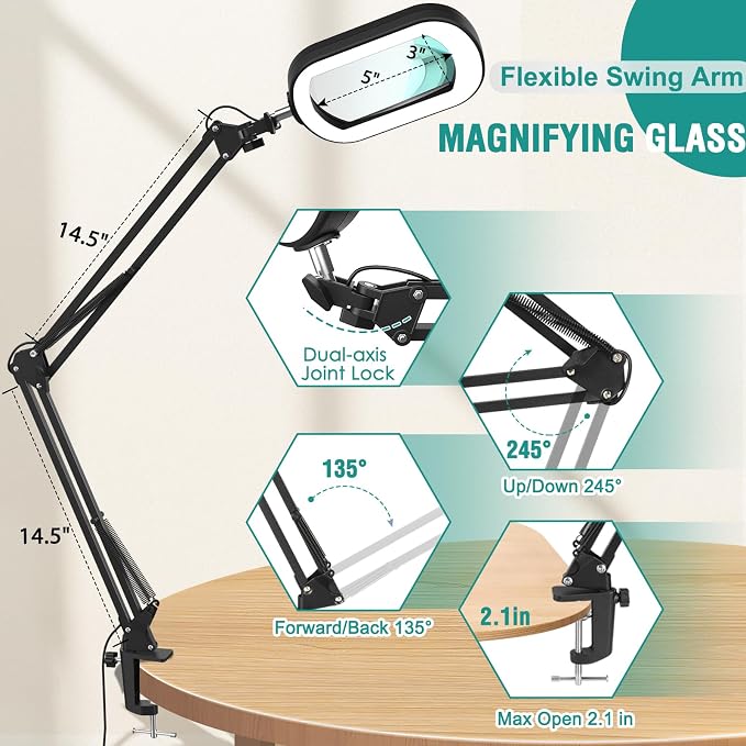 IVMAIE 12X Large Magnifying Glass with Light, Real Glass, 5 Color Modes Stepless Dimmable Magnifier with Stand, LED Lighted Clamp Desk Lamp with Swing Arm, Hands Free for Reading Crafts Close Work