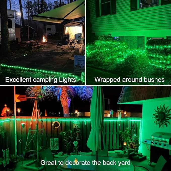 QITONG 2 Pack Green Solar Rope Lights, Each 33ft 100 LED String Lights Outdoor, 8 Modes Fairy Lights in Clear PVC Tube