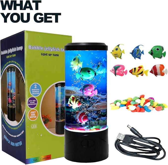 YPCOO Mini Bubble Fish Lamp,Fake Fish Tank Aquarium Lamp,Multi-Color Changing Aquarium Light with 6 Artificial Fish Night Lights-for Home Office Living Room Decor Gifts for Kids Adults (with 6 fishs)