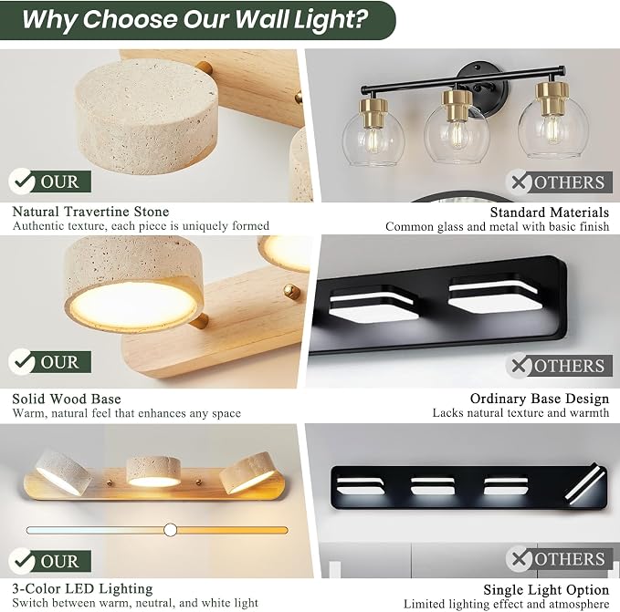 Natural Wood Bathroom Vanity Light with with 3 Travertine Stone Shades, 19.68in LED Bathroom Light with Solid Wood Base, Modern Rustic Vanity Light Fixture for Bathroom Light Over Mirror, Hallway