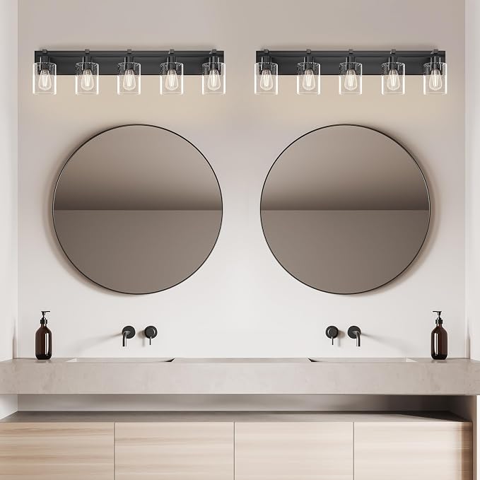 5-Light 37inch Black Vanity Light, Thickened Seeded Glass Shade | Over Mirror for Bathroom, Rust Resistant, E26 Base, Easy Install, Removable Glass Shade Horizontal Mount, Dimmable