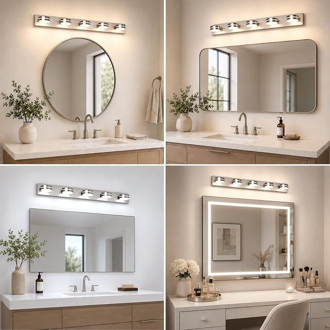 Brushed Nickel Bathroom Light Fixtures Over Mirror, 5-Light | LED Dimmable Bath Lights, Modern Wall Mounted Lighting Fixture with Rotating Lamp Head, Acrylic Metal, 5CCT 40.55in
