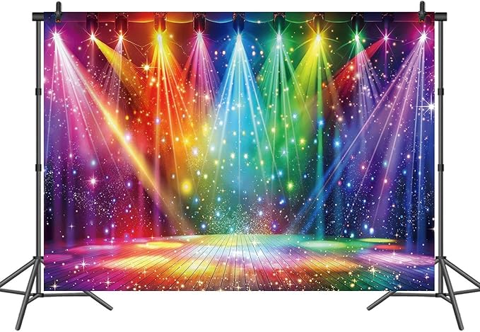 Disco Rainbow Stage Backdrop 70s 80s 90s Hippie Music Vintage Lights Photography Background Rock Music Colorful Neon Glow Party Decorations Photo Banner (8x6FT)