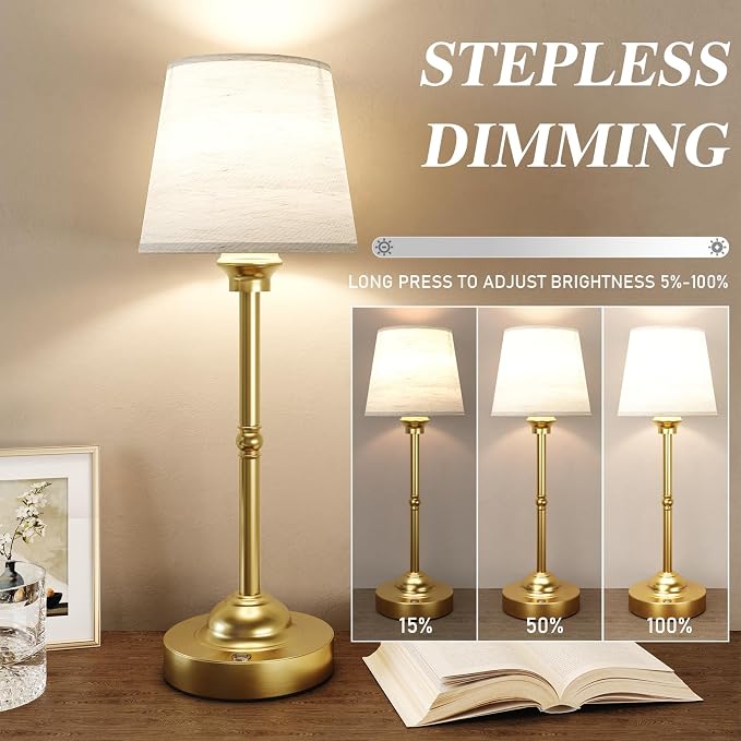 CHLORANTHUS 2 Pack Cordless Table Lamps, 3 Colors Stepless Dimming Fabric Desk Lamp, 6000mAh Rechargeable Battery LED Desk Lamp, Touch Night Light for Bedroom, Dining, Desk, Cafe