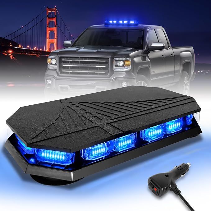 HLauto 406D Rooftop Emergency Strobe Lights Bar, 102 LED Blue Mini Beacon Safety Flashing Warning Traffic Lights Bar w/Magnetic Base for 12-24V Trucks, Construction Vehicles, Snowplow, Cars
