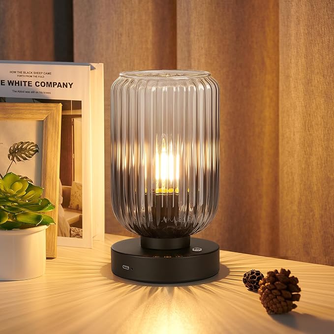 LigthRound Touch Table Lamp for Bedroom, Cordless Bedside Small Table Lamp, Dimmable Rechargeable Battery Operated Lamp for Nightstand, Bedside, Living Room, Desk, LED Bulb Included