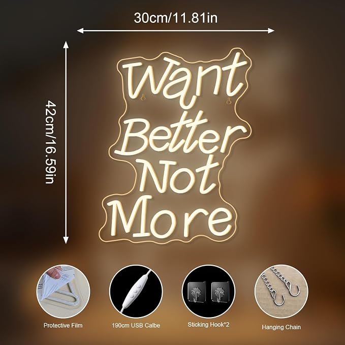 Want Better Not More Neon Signs for Wall Decor Gym Neon Light Up Fitness Club Bar Party Exercise Light Sign in Home Gym Warm White Letters LED Art Gifts for Teens and Adult