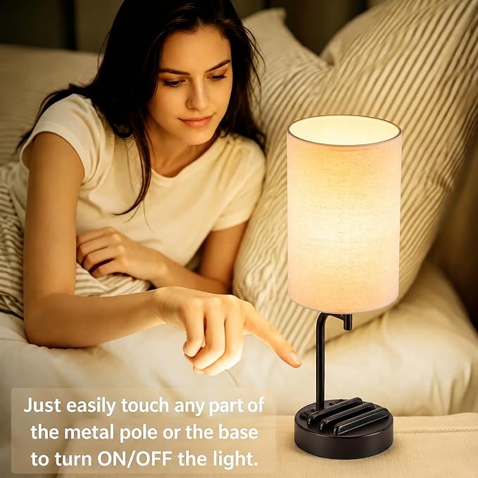 Dreamholder Touch Control USB Table Lamp with USB C/A & AC Outlet, 3-Way Dimmable Bedside Lamp, Modern Nightstand Lamps for Bedroom Living Room Guest Room Office, Bulb Included, Black