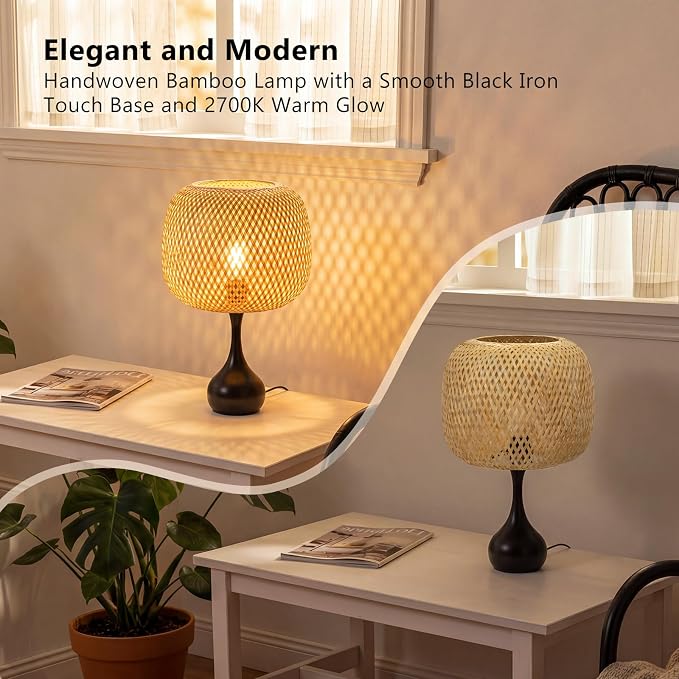 ONEWISH Touch Bedside Lamp for Bedroom, 3-Way Dimmable Table Lamps for Nightstand, Handwoven Bamboo Shade Desk Lamp for Living Room, Home Office