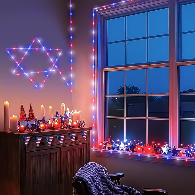 JMEXSUSS 2 Pack Red White and Blue Battery Operated Rope Lights Outdoor, 33ft 100 LED Battery Powered 4th of July Lights with Remote, 8 Modes Patriotic Rope Lights for Independence Memorial Day Decor