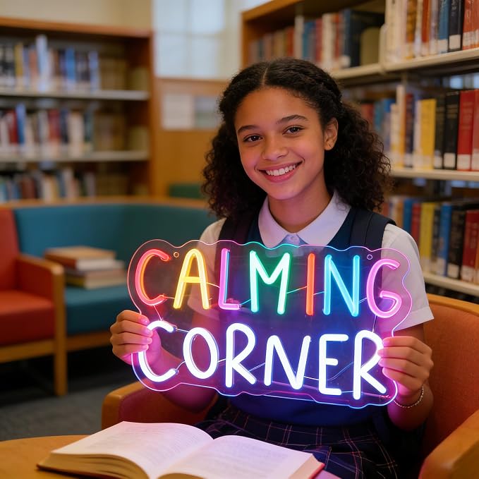 Calming Corner Neon Sign for Wall Decor, Calm Down Corner Supplies | Library Classroom School Counselor Office Decorations for Classroom Preschool, Boho Classroom Decor, 6.5ft USB, 14.5“x8.2"