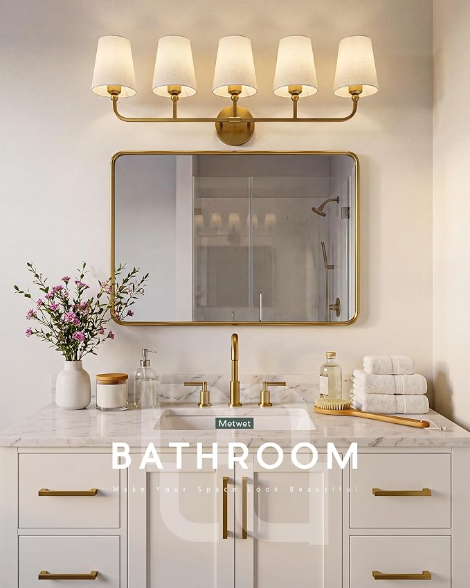 5-Light Brushed Gold Bathroom Vanity Light with Linen Fabric Shade | 35 Inch gold bathroom light fixture over mirror, UL listed, E26 bulbs, hardwired, upward only, VL837-BG-A-5