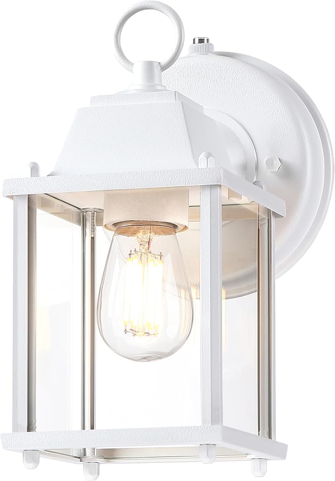 Outdoor Wall Light Fixture, Rustproof Aluminum, Clear Glass | Dusk to Dawn Exterior Porch Light Wall Sconce Lantern for House, Patio, Garage, Waterproof, E26 Socket 60W Max, White, 1 Pack