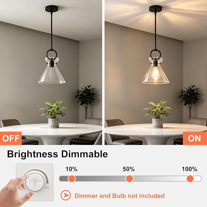 Glass Pendant Lights Kitchen Island Black 9.84'' Clear Glass Shade | Modern Pendant Lighting Over Sink, Adjustable Hanging Ceiling Light, E26 Dimmable Hardwired for Dining Room Hallway, 1-Pack