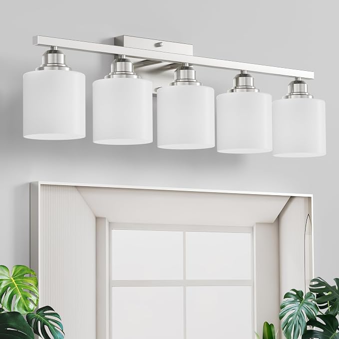 5-Light Bathroom Light Fixture, Brushed Nickel Vanity Lights Over Mirror, Anti-Rust, White Glass Shades, E26 Base, Bulb Not Included